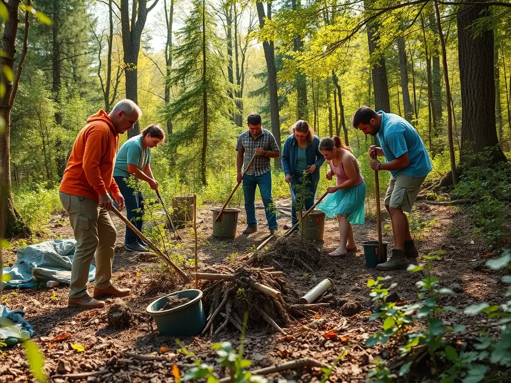 A photograph showcasing SOCIETE DE CHASSE DE VILLOGNON members working together on a habitat restoration project, such as planting trees or clearing invasive species. The image should highlight teamwork, environmental stewardship, and the positive impact of their efforts.