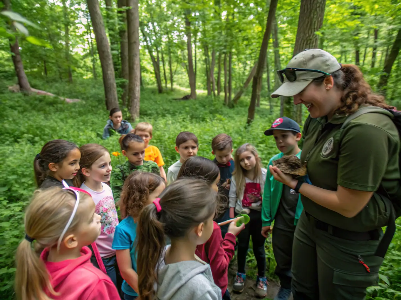 A group of students learning about wildlife conservation and responsible hunting practices during an educational workshop.