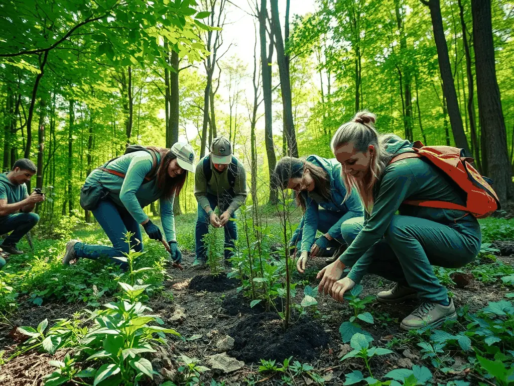 SOCIETE DE CHASSE DE VILLOGNON members planting trees as part of a reforestation project in a previously cleared area, demonstrating their commitment to habitat restoration.