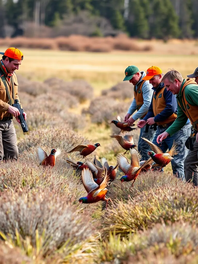 A photograph of SOCIETE DE CHASSE DE VILLOGNON members participating in a pheasant release program, showcasing their commitment to wildlife conservation and biodiversity.