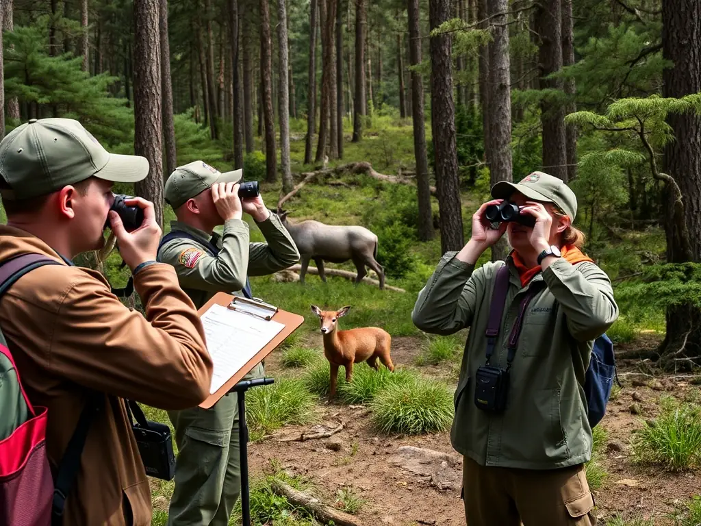 A group of SOCIETE DE CHASSE DE VILLOGNON members participating in a wildlife monitoring activity in a local forest, using binoculars and recording data on clipboards.