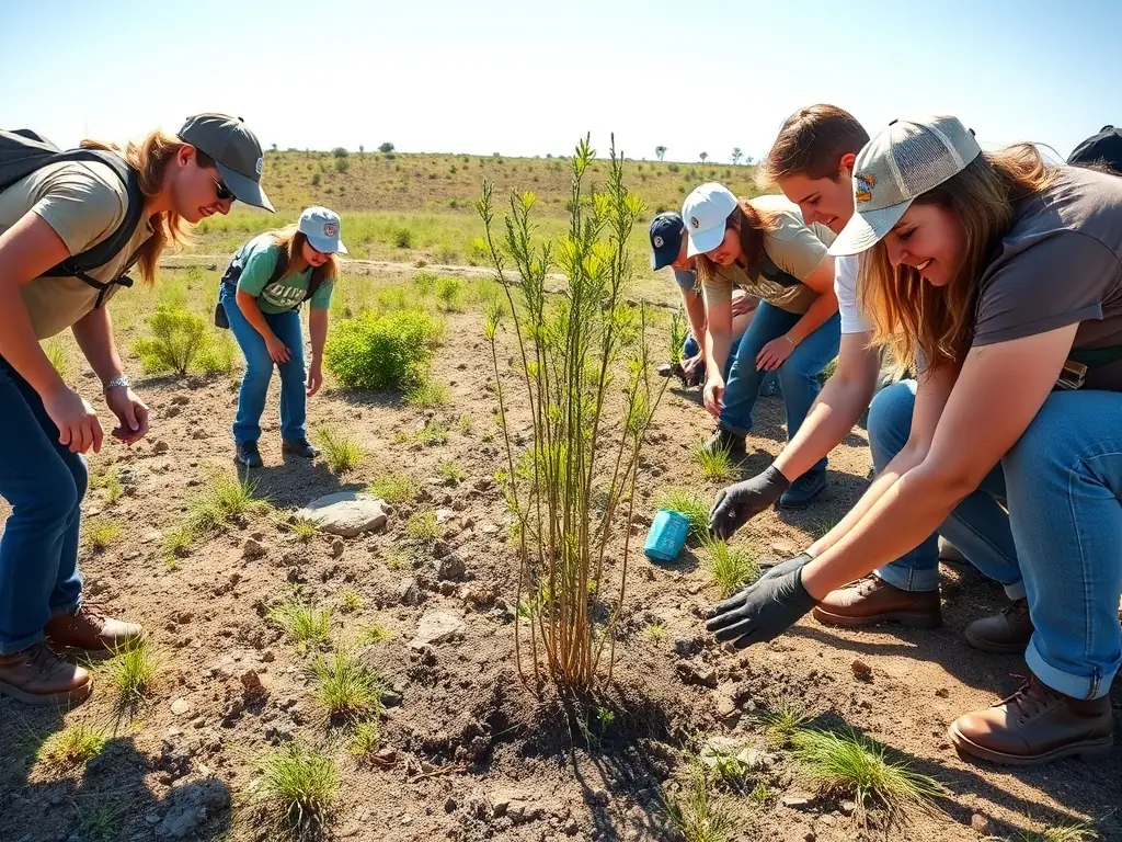 A group of volunteers planting trees in a deforested area, symbolizing the organization's commitment to environmental stewardship and reforestation efforts.