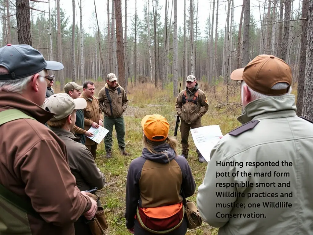 A photograph depicting a group of SOCIETE DE CHASSE DE VILLOGNON members participating in a hunter safety training course in a natural outdoor setting. The image should convey a sense of professionalism, learning, and responsible hunting practices.