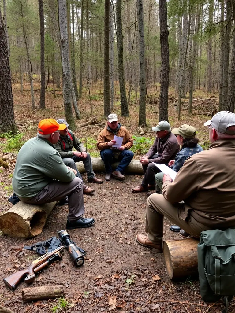 A photograph of SOCIETE DE CHASSE DE VILLOGNON members conducting a workshop on responsible hunting practices for young hunters, emphasizing safety and ethical conduct.