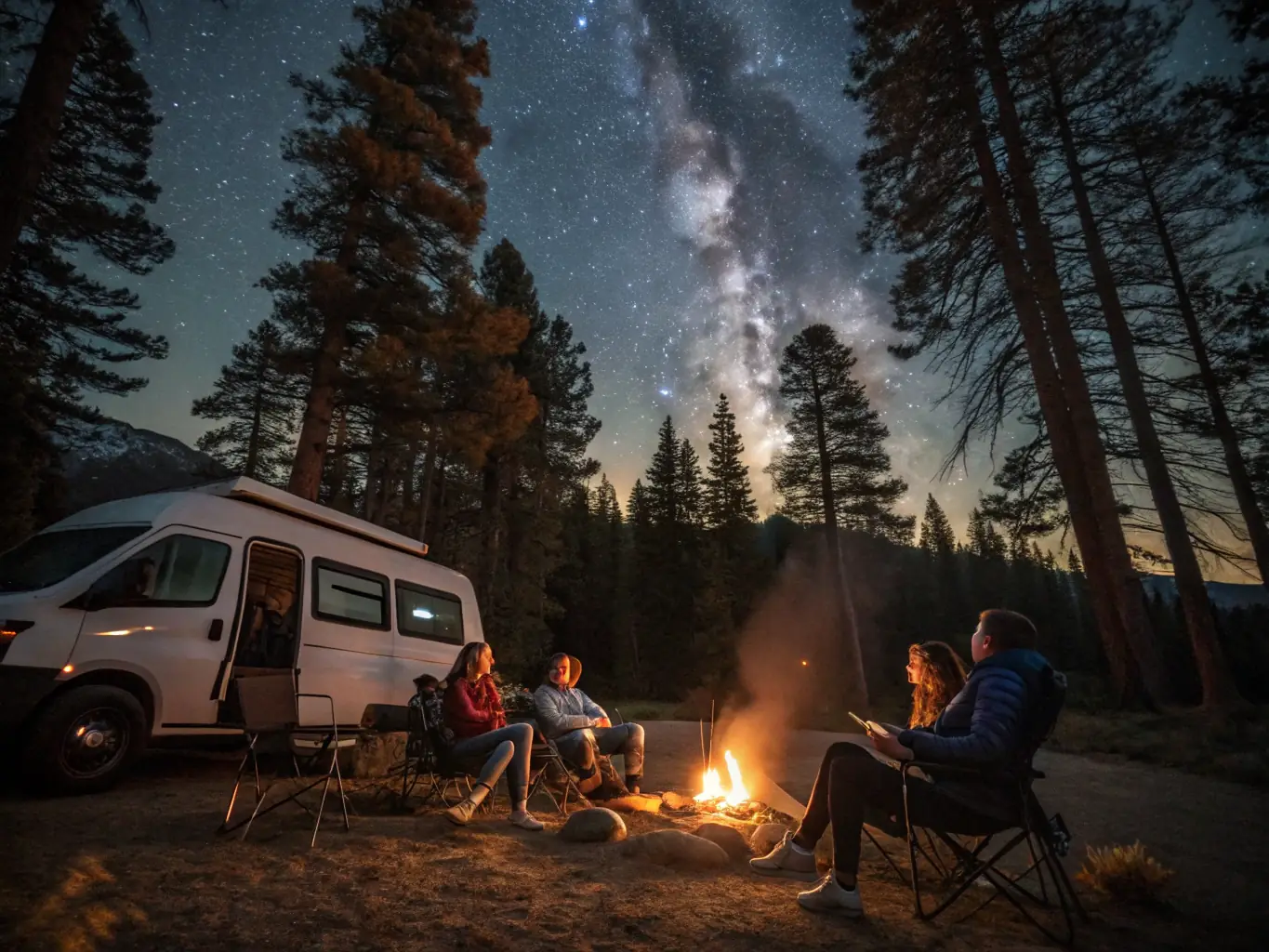 A group of hunters gathered around a campfire in a forest clearing, discussing hunting strategies and sharing stories.