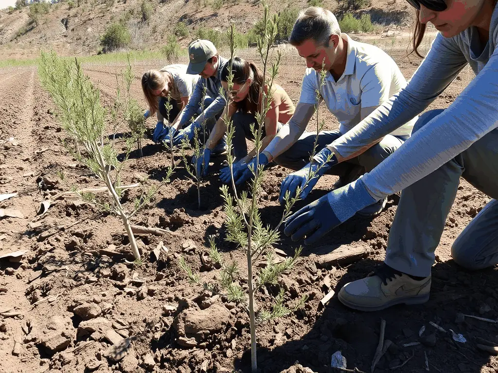 Volunteers planting trees and restoring a wetland area, showcasing habitat restoration efforts and community involvement.