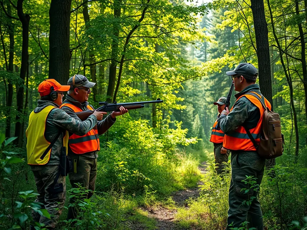 A group of hunters participating in a controlled hunt in a forest, focusing on sustainable harvesting practices and wildlife management.