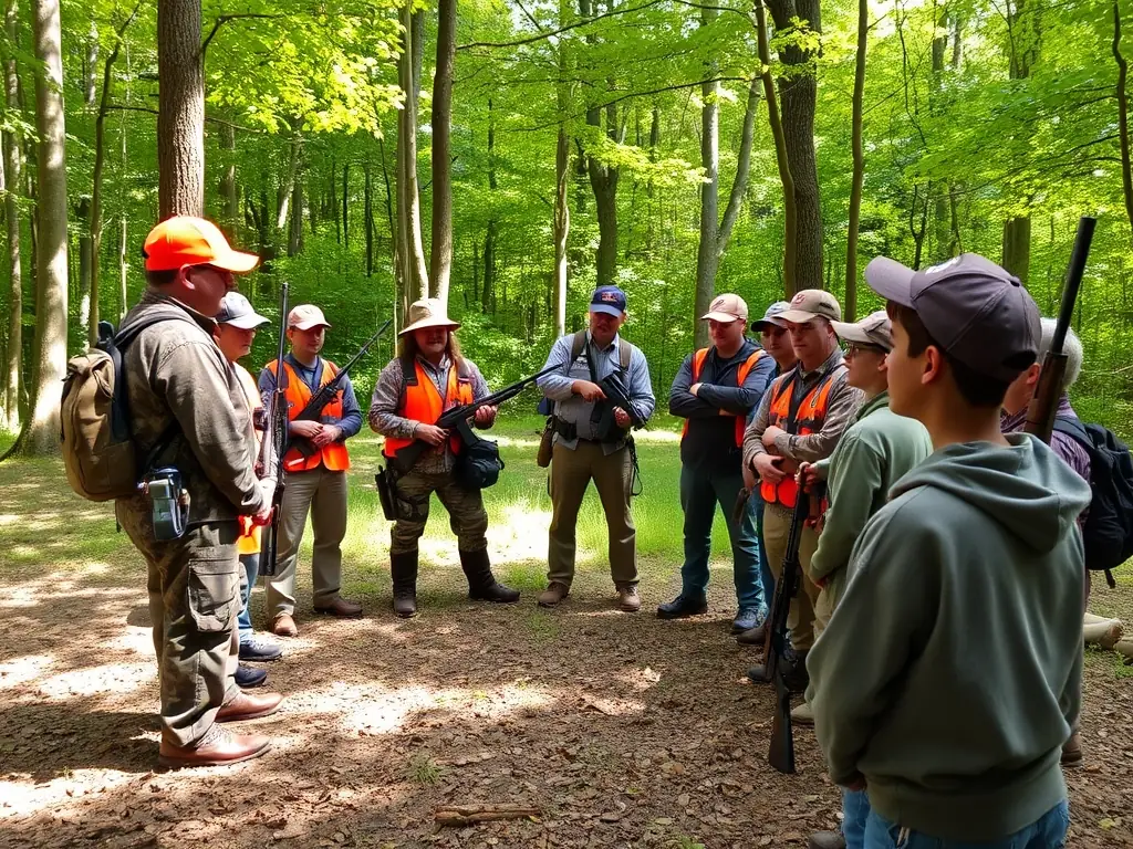 A SOCIETE DE CHASSE DE VILLOGNON educational workshop where experienced hunters are teaching young participants about responsible hunting techniques and wildlife conservation.